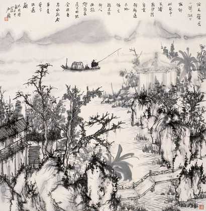 何加林 2004年作 江村独钓 画心